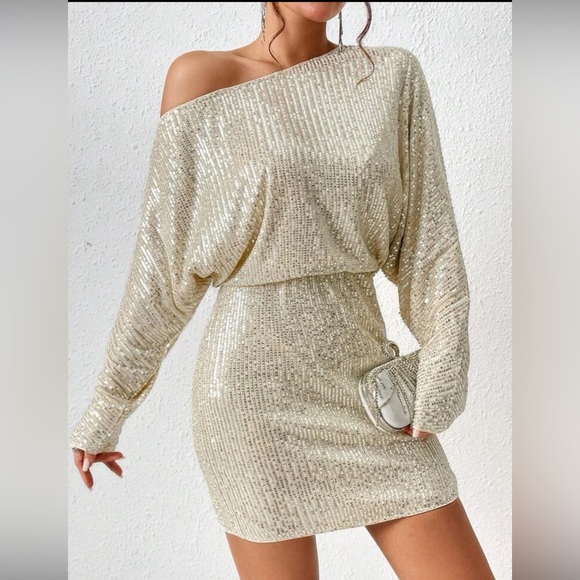 SHEIN BAE Asymmetrical Neck Batwing Sleeve Sequin Dress - Picture 3 of 3